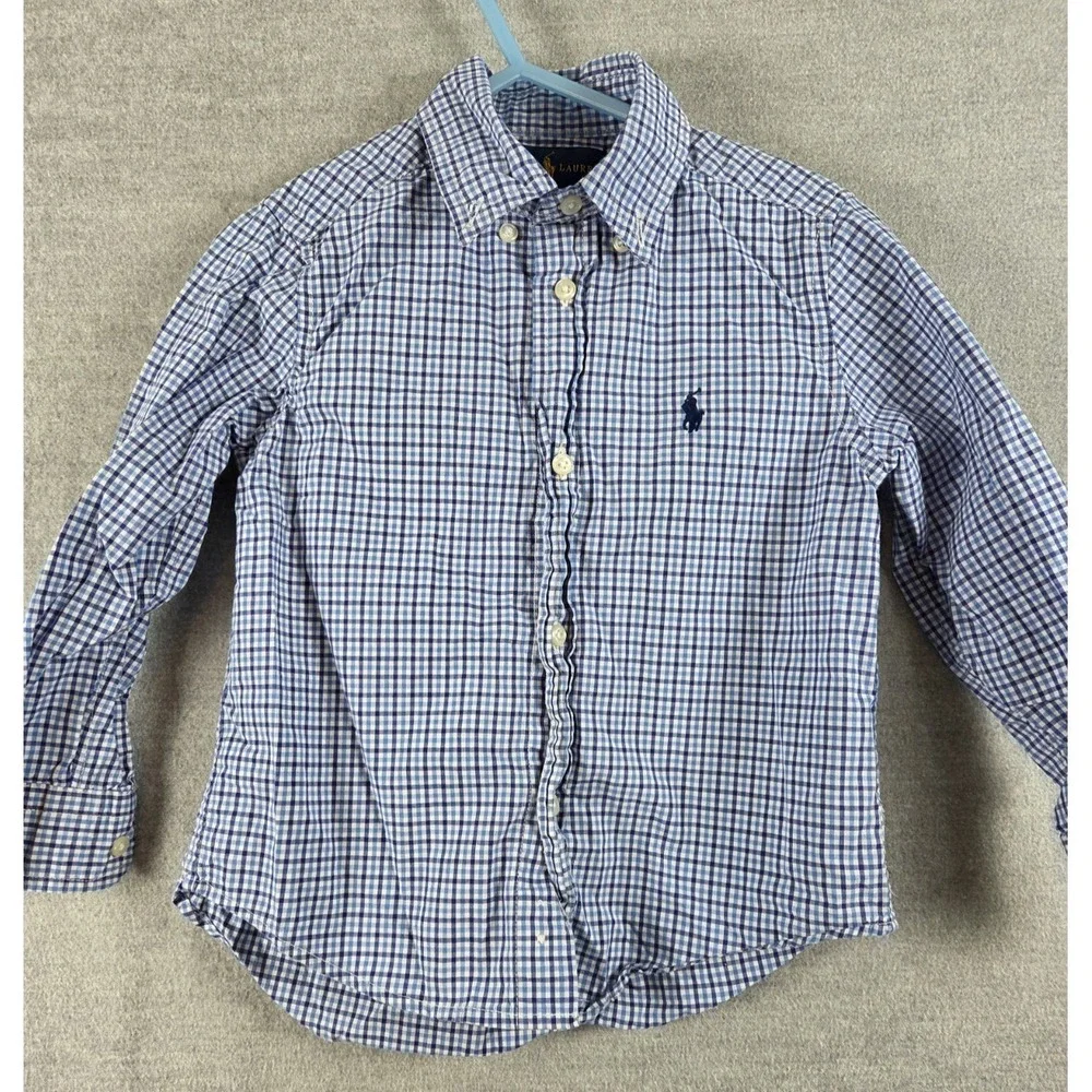 Polo‎ Ralph Lauren Button Up Shirt Boys 3T Blue White Gingham Check Preppy Logo
